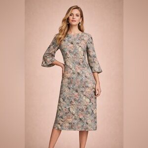 Floral Midi Dress Scuba Fabric Easter Wedding Guest Pastel Botanical Print Sz S